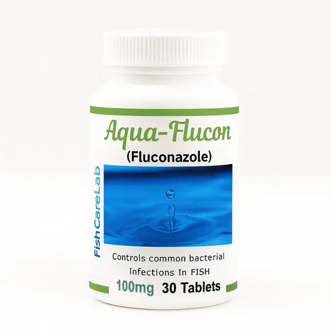 Bottle of  Aqua Flucon ( Fluconazole ) fish antibiotics with a blue water droplet graphic on a white background
