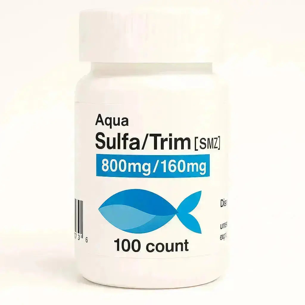Bottle of Aqua Sulta/Trim SMZ ( Sulfamethoxazole /Trimethoprim ) 100 Count  – Fish Antibiotics  on a white background