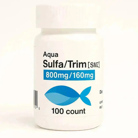 Bottle of Aqua Sulta/Trim SMZ ( Sulfamethoxazole /Trimethoprim ) 100 Count  – Fish Antibiotics  on a white background