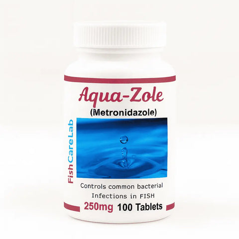 Bottle of Aqua-Zole Metronidazole   – Fish Antibiotics with label on a white background